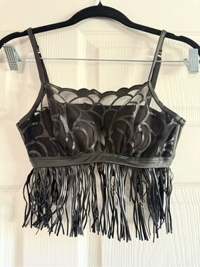 intimissimi Black Faux Leather Fringe Bralette and High Waist Panties Size S NWT